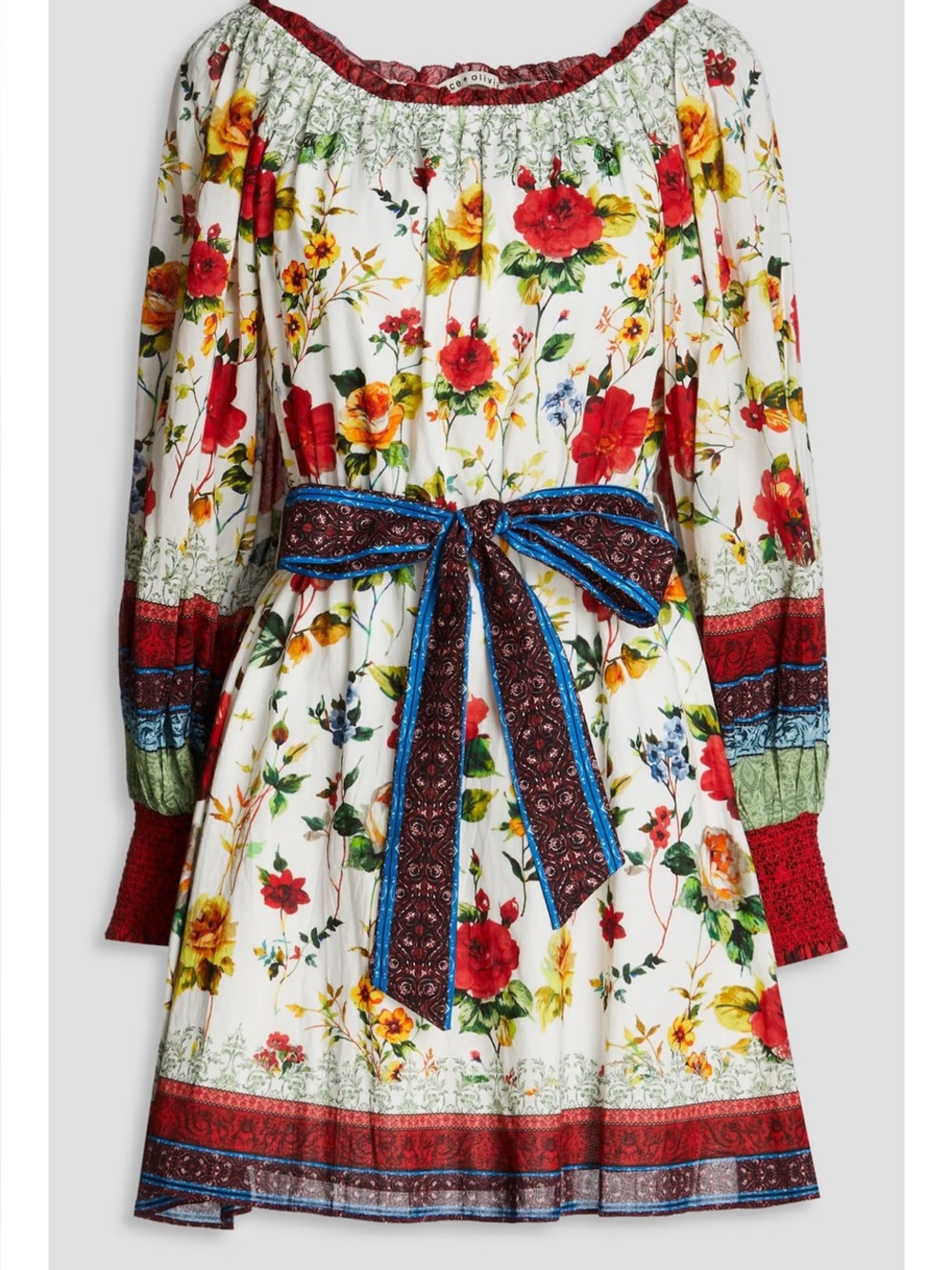Alice and Olivia Floral Peasant Dress with Waist Tie - Red & Green Accents